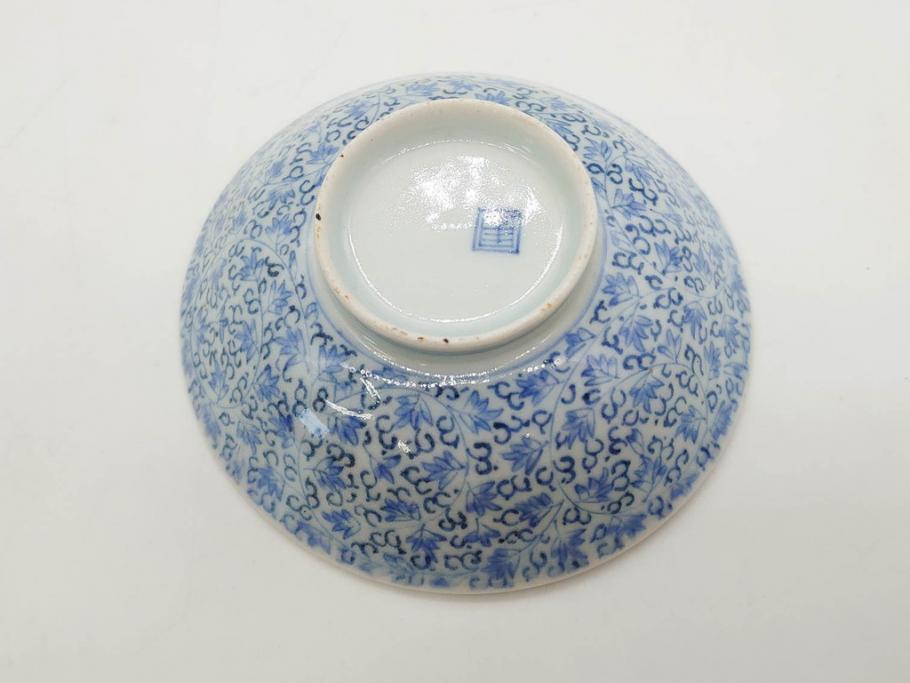 江戸期　古伊万里　微塵唐草文染付　松竹梅　約12cm　3.8寸　繊細な絵付けが見事な蓋付き茶碗3客セット(和食器、三寸八分)(R-077160)