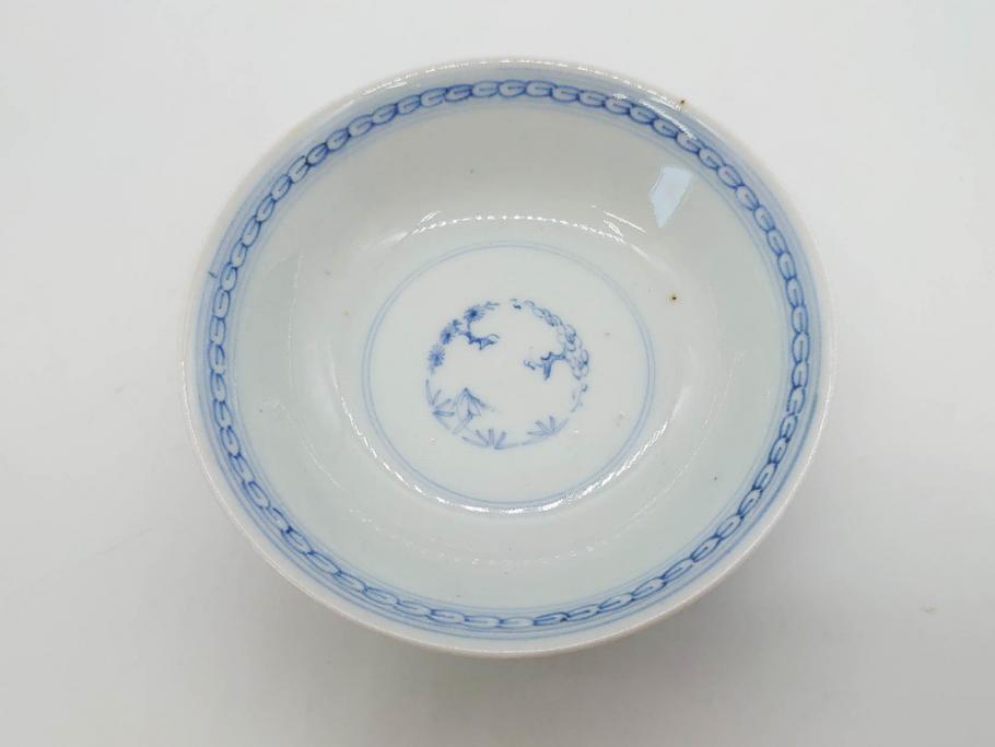 江戸期　古伊万里　微塵唐草文染付　松竹梅　約12cm　3.8寸　繊細な絵付けが見事な蓋付き茶碗3客セット(和食器、三寸八分)(R-077160)