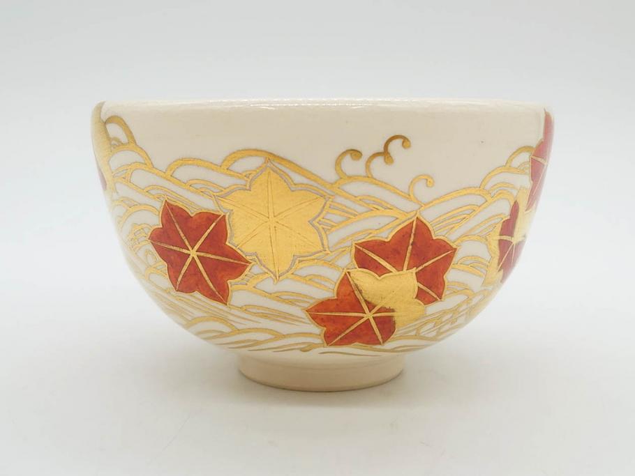 竜谷焼　宮川香雲　鵬雲斉書付　金彩色絵　約13cm　4.3寸　龍田川　紅葉の図が雅やかな茶碗(京焼、龍谷窯、和食器、抹茶碗、茶道具、茶器、共布、共箱付き、四寸三分)(R-077161)