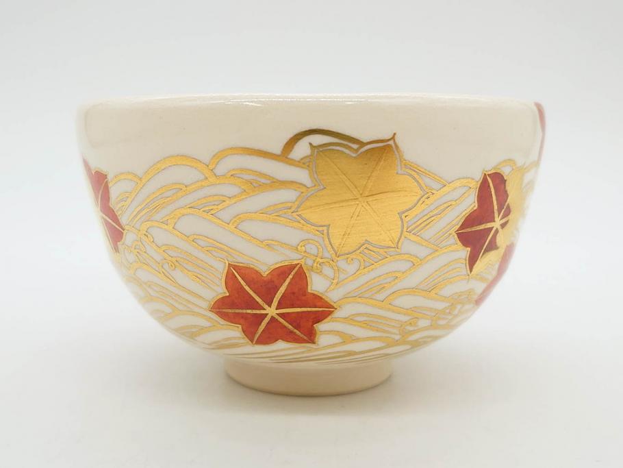 竜谷焼　宮川香雲　鵬雲斉書付　金彩色絵　約13cm　4.3寸　龍田川　紅葉の図が雅やかな茶碗(京焼、龍谷窯、和食器、抹茶碗、茶道具、茶器、共布、共箱付き、四寸三分)(R-077161)