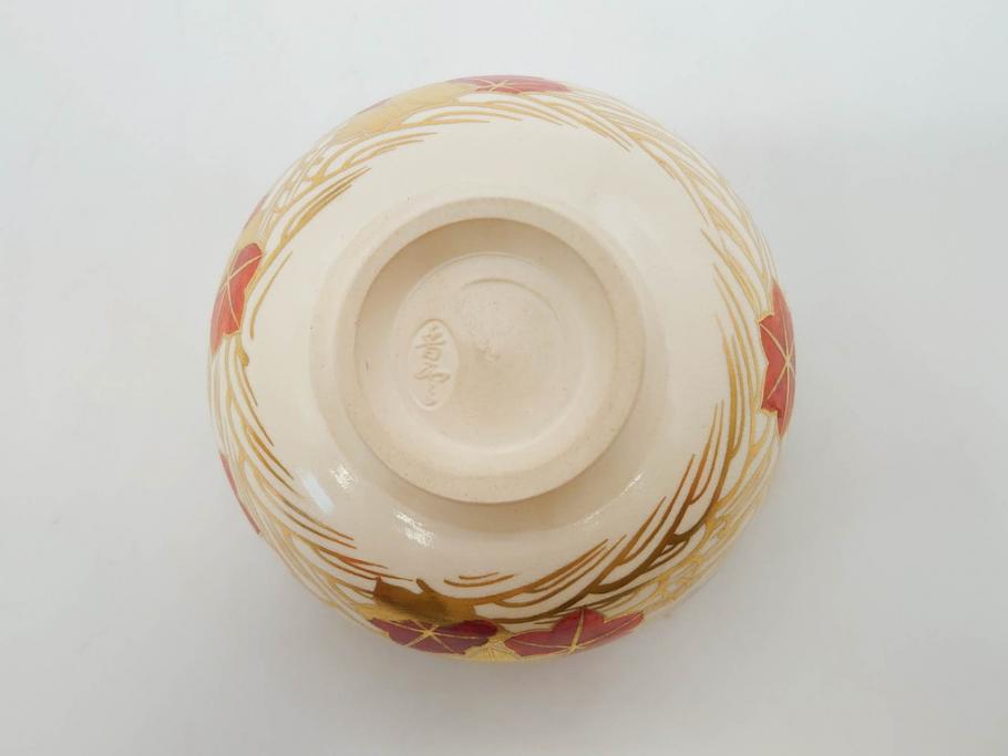 竜谷焼　宮川香雲　鵬雲斉書付　金彩色絵　約13cm　4.3寸　龍田川　紅葉の図が雅やかな茶碗(京焼、龍谷窯、和食器、抹茶碗、茶道具、茶器、共布、共箱付き、四寸三分)(R-077161)