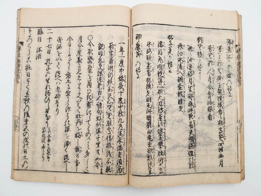 江戸期　貞享5年　貝原好古編録　貝原損軒刪補　「日本歳時記」　7巻4冊揃(木版画、古書、絵入本、年中行事、風習、和本)(R-083697)