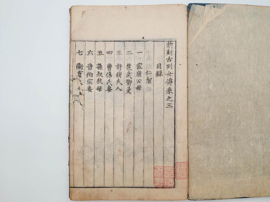 江戸期　承応2年　「新刻古列女傳(伝)」　8冊揃(木版画、伝記、絵入本、古書、和本)(R-083902)