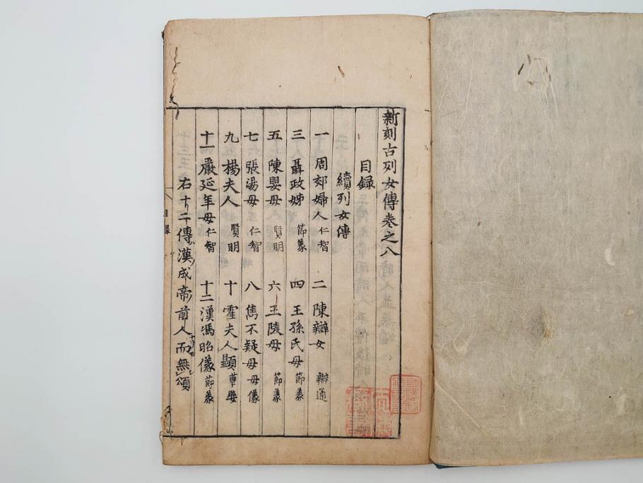 江戸期　承応2年　「新刻古列女傳(伝)」　8冊揃(木版画、伝記、絵入本、古書、和本)(R-083902)