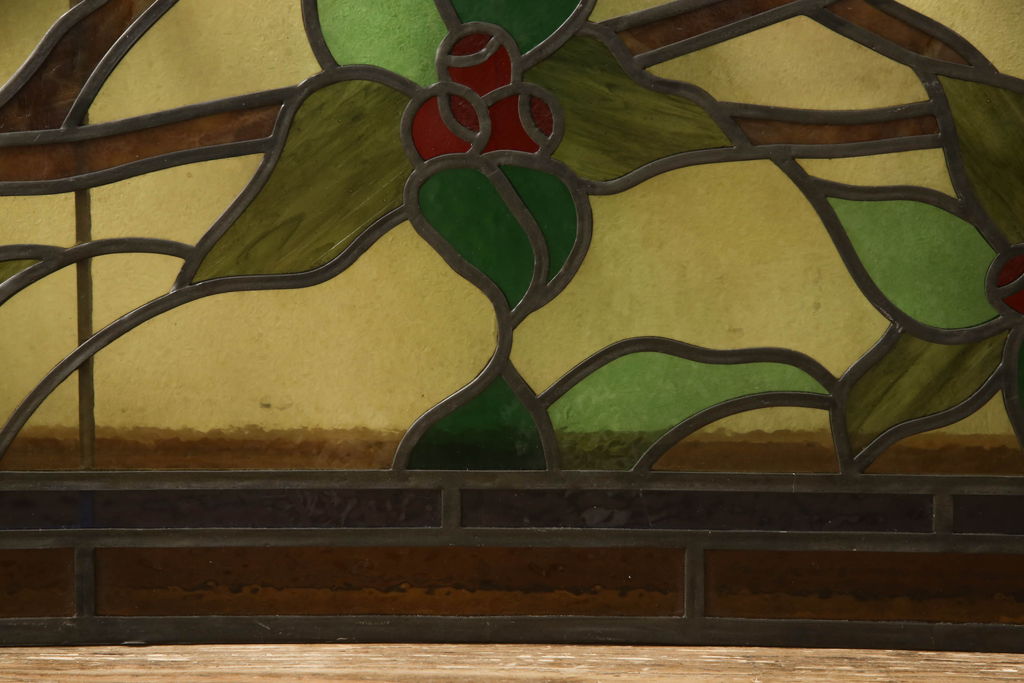 和製アンティーク　華やかな花の図柄が存在感を放つステンドグラス1枚(明り取り、明かり取り、窓)(R-062935)