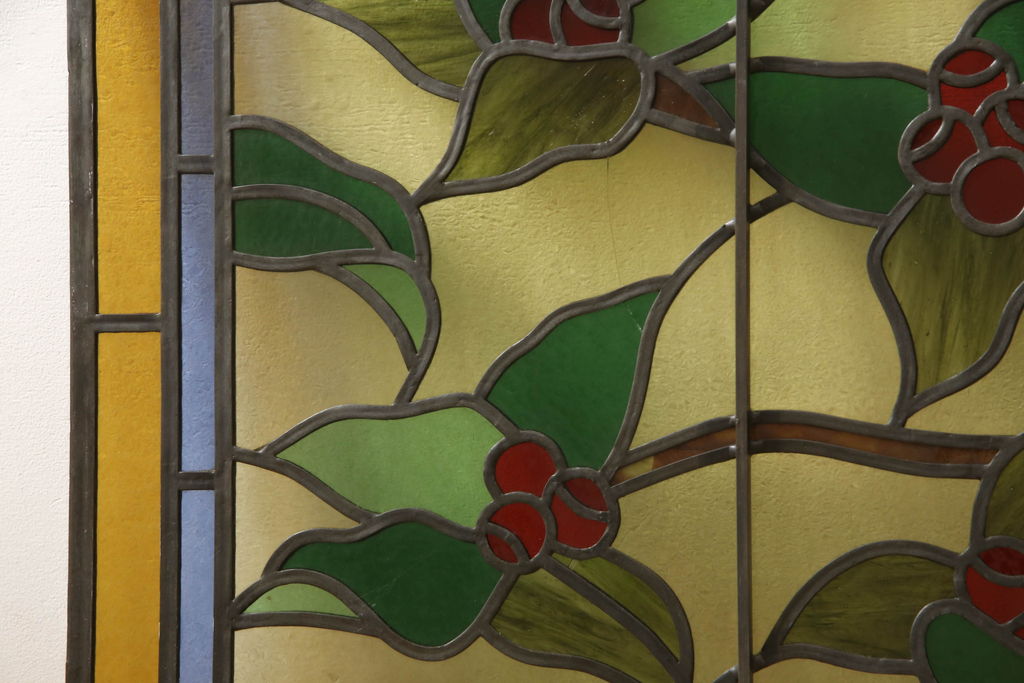 和製アンティーク　華やかな花の図柄が存在感を放つステンドグラス1枚(明り取り、明かり取り、窓)(R-062935)