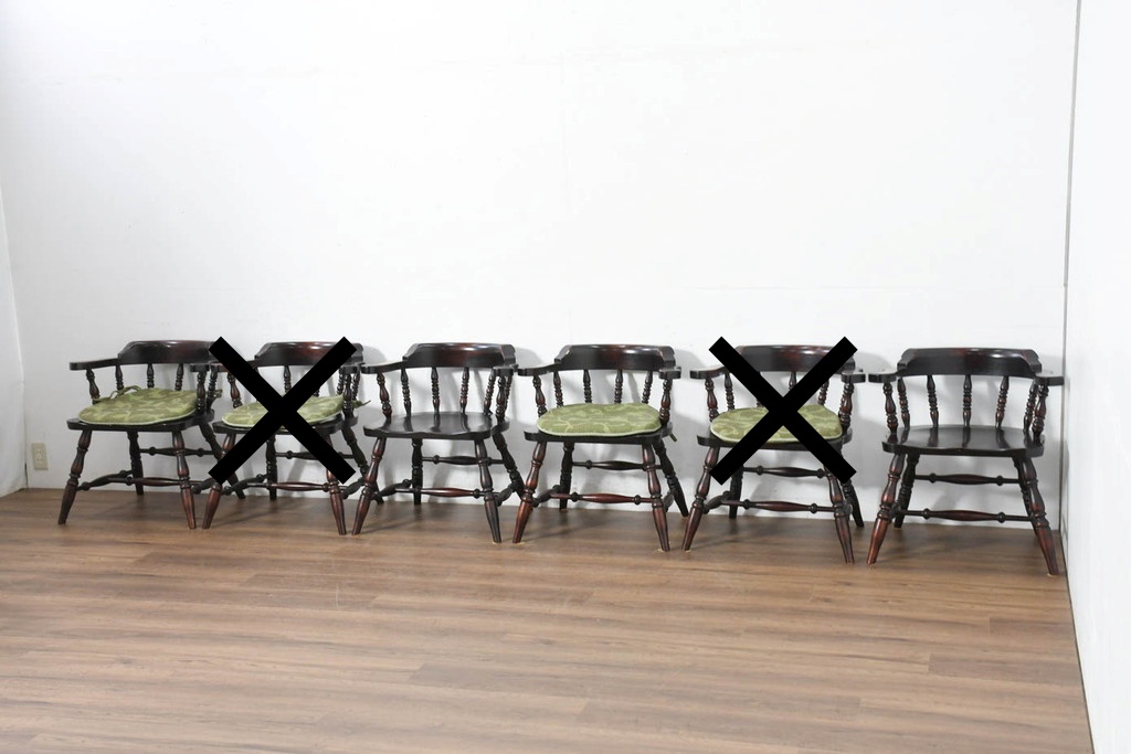 中古　美品　国産職人手作り　カバ材　品でクラシカルな佇まいがお洒落なキャプテンチェア4脚セット(アームチェア、ダイニングチェア、板座チェア、椅子、イス、バラ売り可能)(R-084236)