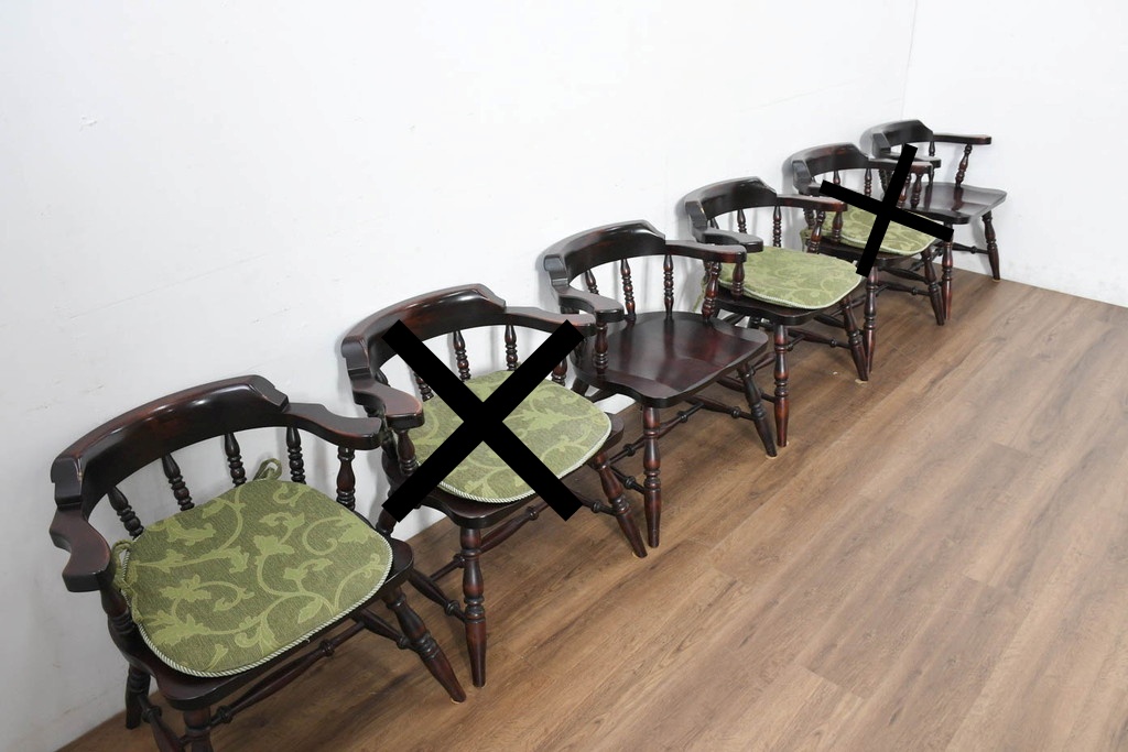 中古　美品　国産職人手作り　カバ材　品でクラシカルな佇まいがお洒落なキャプテンチェア4脚セット(アームチェア、ダイニングチェア、板座チェア、椅子、イス、バラ売り可能)(R-084236)