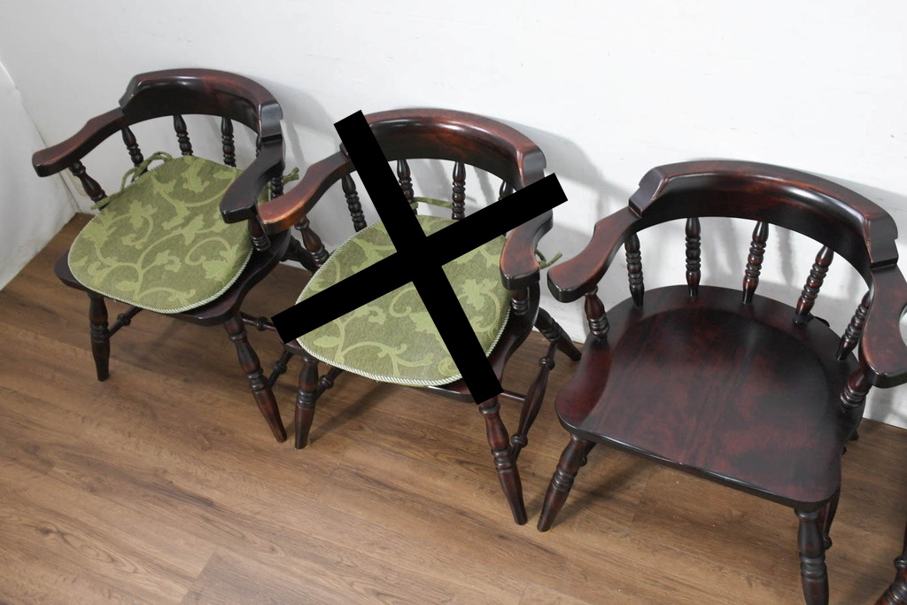 中古　美品　国産職人手作り　カバ材　品でクラシカルな佇まいがお洒落なキャプテンチェア4脚セット(アームチェア、ダイニングチェア、板座チェア、椅子、イス、バラ売り可能)(R-084236)