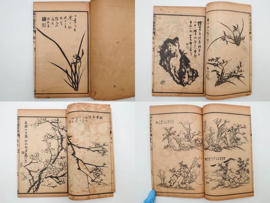 中国　上海天宝書局　「芥子園画伝」　唐本　4帙　16冊セット(木版画、古書、和本)(R-083906)