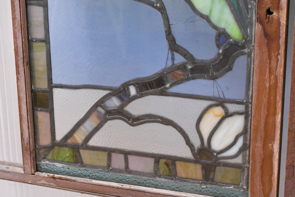 和製アンティーク　大正ロマン　芸術作品として観賞用にもぴったりの花鳥(木蓮とインコ)を描いたステンドグラス窓2枚セット(建具、明り取り、ガラス戸、ディスプレイ、アート)(R-083435)