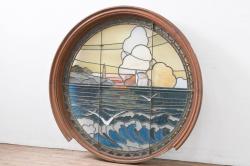 和製アンティーク　大正ロマン　丸型　芸術作品として観賞用にもぴったりの海辺(灯台と夕日)を描いた大きなステンドグラスフィックス窓1枚(建具、明かり取り、明り取り、FIX窓、ガラス窓、嵌め殺し、ディスプレイ、アート)(R-083433)