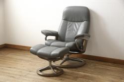 中古　美品　EKORNES(エコーネス)　本革　高級感ある佇まいが魅力的なストレスレスチェア+オットマンのセット(定価約30万円)(リクライニングチェア、アームチェア、一人掛けソファ、1P)(R-058204)