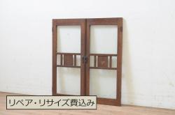 アンティーク建具　鶴亀・松竹梅　縁起物の細工が魅力の障子戸3枚セット(建具、引き戸)(R-049157)