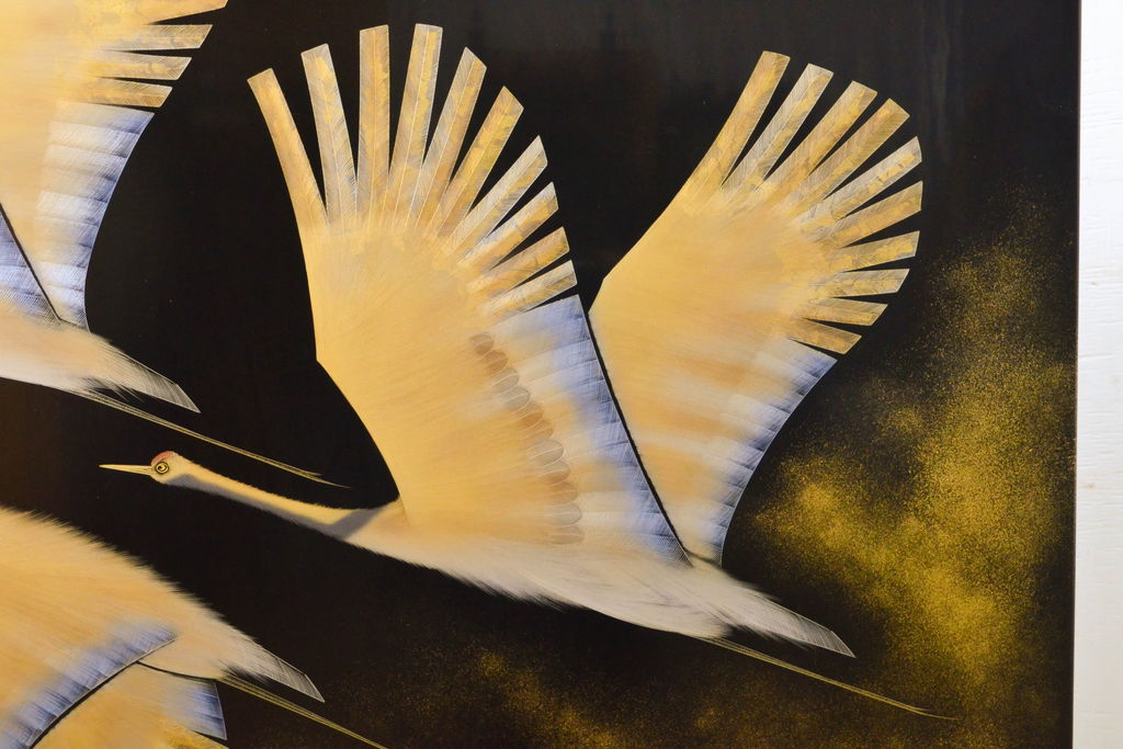 中古　輪島塗り　加治武作　飛び立つ鶴の美しさに目が奪われる衝立て(仕切り、パーテーション、つい立て)(R-062225)