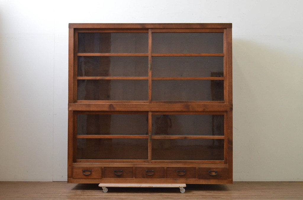 フランスアンティーク木製ブックケースキャビネット本棚/食器棚飾り棚(77-10)