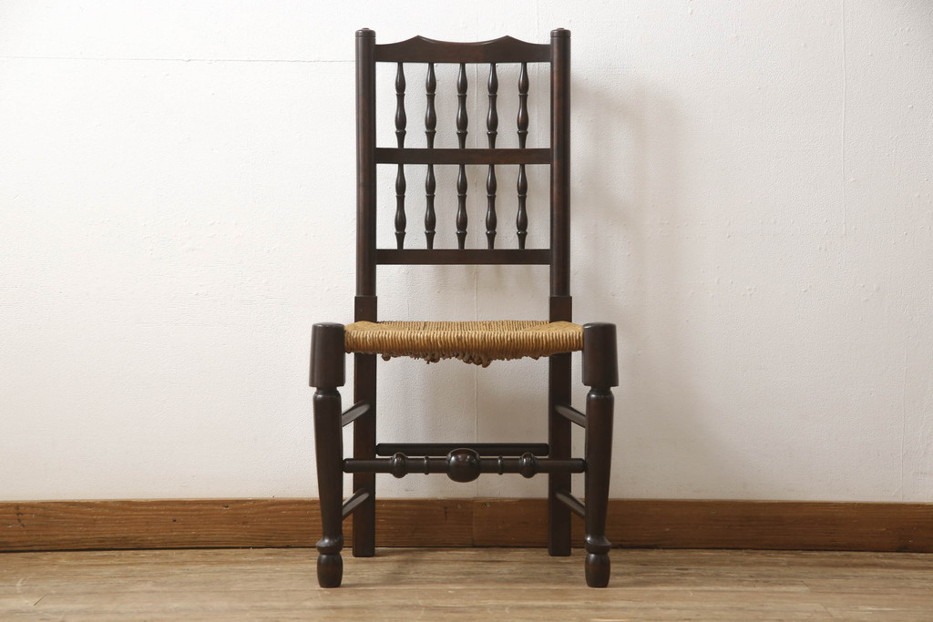 中古　松本民芸家具　38型　落ち着きのある色味とラッシのコントラストがおしゃれなスピンドルチェア(定価14万円)(ダイニングチェア、椅子)(R-053412)
