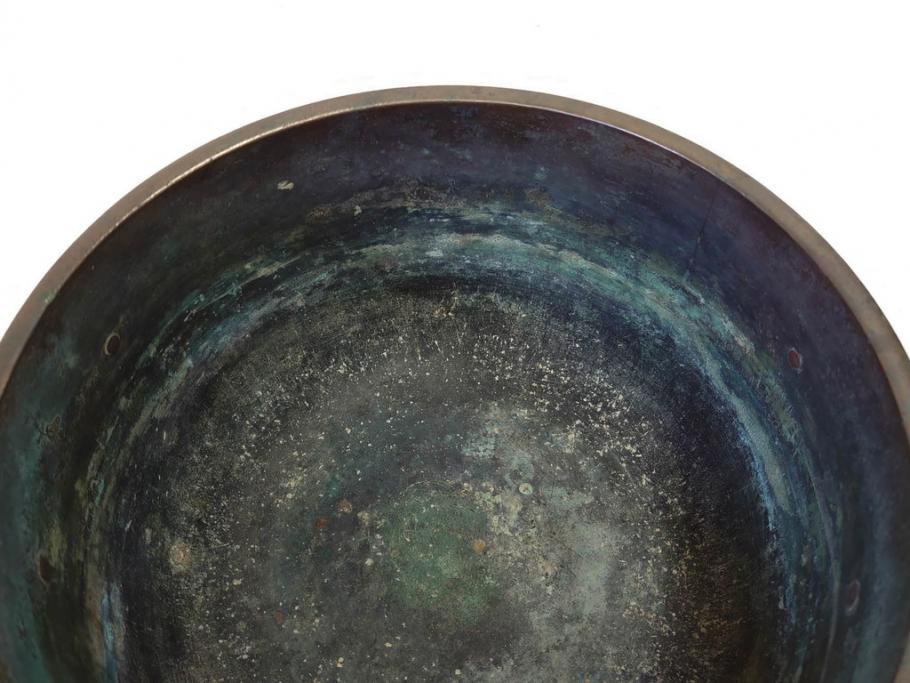 明治期　古銅　雷文　歴史を刻んだ味わいが魅力の古火鉢(手あぶり、手焙、双耳、鉢カバー、銅製、銅器、共箱付き、茶道具)(R-077225)