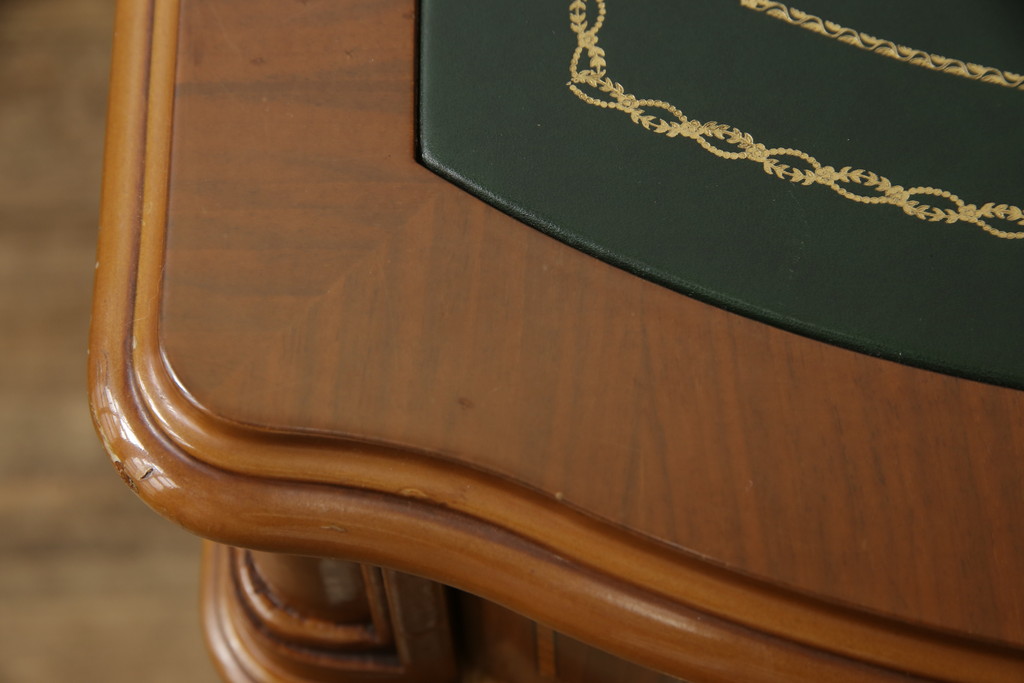 中古　最高級　イタリア製　マホガニー材　象嵌入り　繊細な脚の彫刻や滑らかな曲線が美しい両袖机(定価推定 100万円前後)(プレジデントデスク、ニーホールデスク、在宅ワーク用、テーブル)(R-058251)