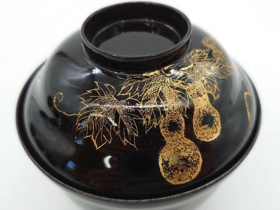 明治～大正期　輪島塗　沈金蒔絵　木製　瓢箪の図を上品に描いた蓋付吸物椀5客セット(漆器、漆芸、お椀、金彩、和食器)(R-077227)