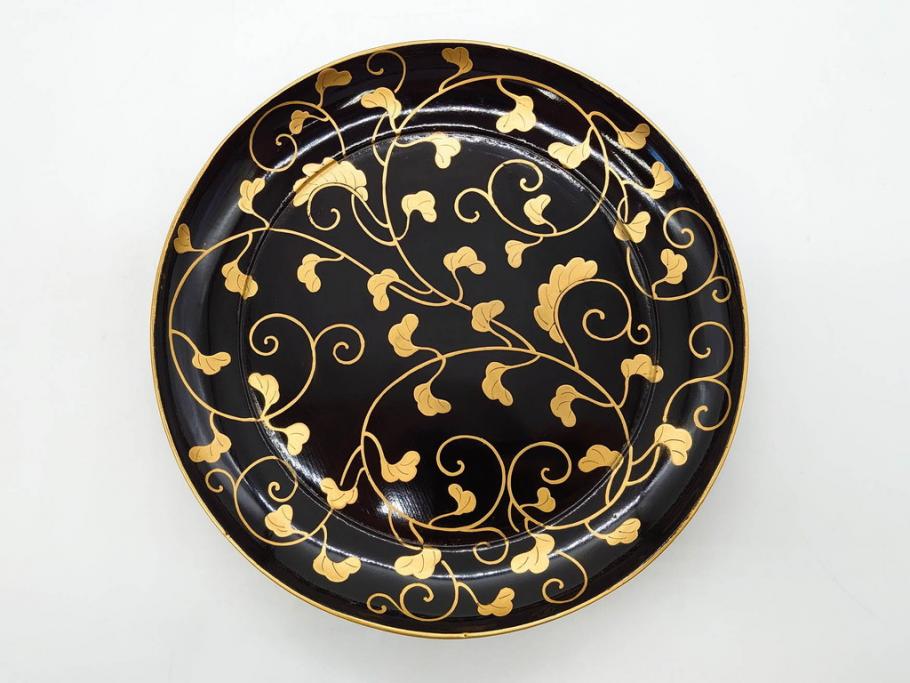 明治～大正期　輪島塗　沈金蒔絵　蔦図　約18.5cm　6.1寸　気品溢れる木皿8枚セット(木製、漆器、漆芸、金彩、和食器、六寸一分)(R-077228)