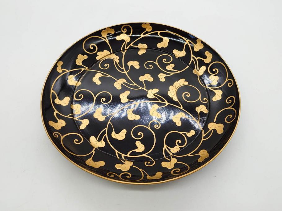 明治～大正期　輪島塗　沈金蒔絵　蔦図　約18.5cm　6.1寸　気品溢れる木皿8枚セット(木製、漆器、漆芸、金彩、和食器、六寸一分)(R-077228)