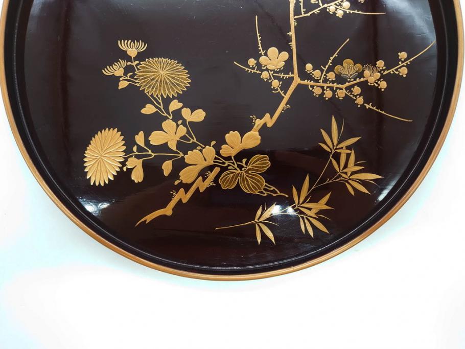明治～大正期　輪島塗　沈金蒔絵　木製　菊梅竹菖蒲図　漆塗りの艶やかな風合いが上品なお櫃・湯桶・お盆・しゃもじセット(漆器、漆芸、金彩、和食器)(R-077229)