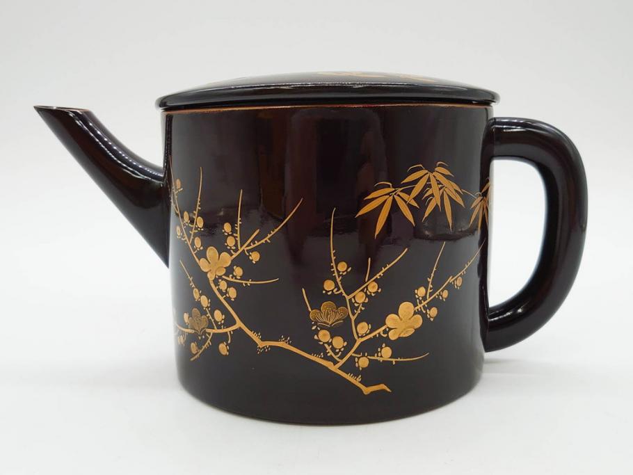 明治～大正期　輪島塗　沈金蒔絵　木製　菊梅竹菖蒲図　漆塗りの艶やかな風合いが上品なお櫃・湯桶・お盆・しゃもじセット(漆器、漆芸、金彩、和食器)(R-077229)