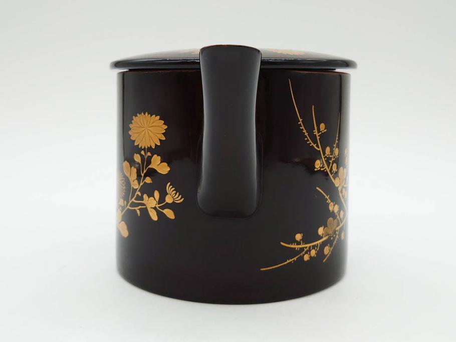 明治～大正期　輪島塗　沈金蒔絵　木製　菊梅竹菖蒲図　漆塗りの艶やかな風合いが上品なお櫃・湯桶・お盆・しゃもじセット(漆器、漆芸、金彩、和食器)(R-077229)