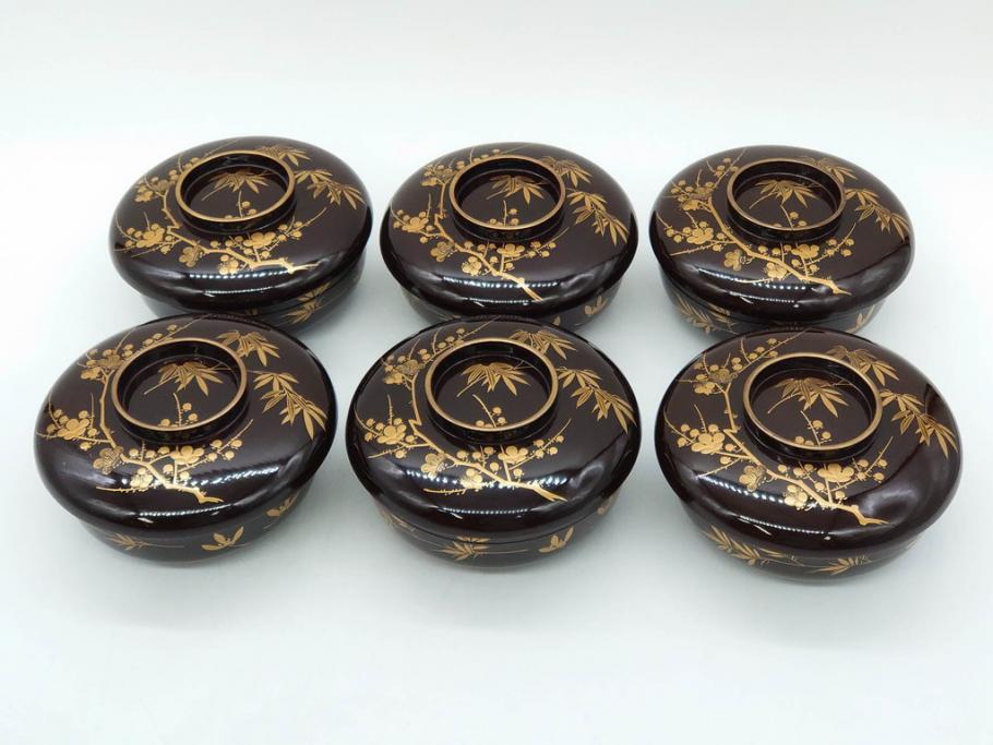 明治～大正期　輪島塗　沈金蒔絵　木製　梅竹図　艶やかな質感が美しい蓋付お椀6客セット(漆器、漆芸、金彩、和食器)(R-077230)