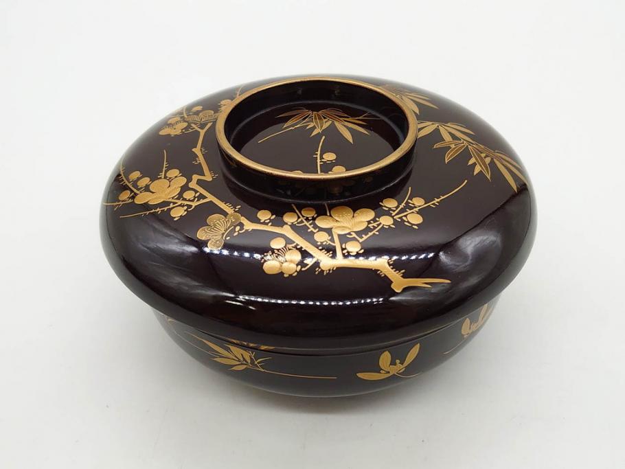 明治～大正期　輪島塗　沈金蒔絵　木製　梅竹図　艶やかな質感が美しい蓋付お椀6客セット(漆器、漆芸、金彩、和食器)(R-077230)