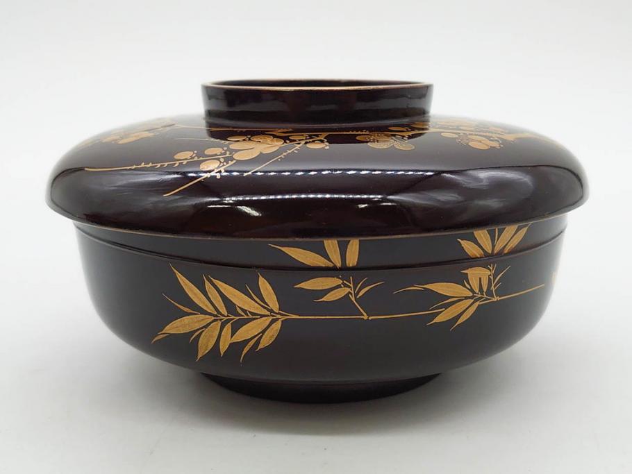 明治～大正期　輪島塗　沈金蒔絵　木製　梅竹図　艶やかな質感が美しい蓋付お椀6客セット(漆器、漆芸、金彩、和食器)(R-077230)