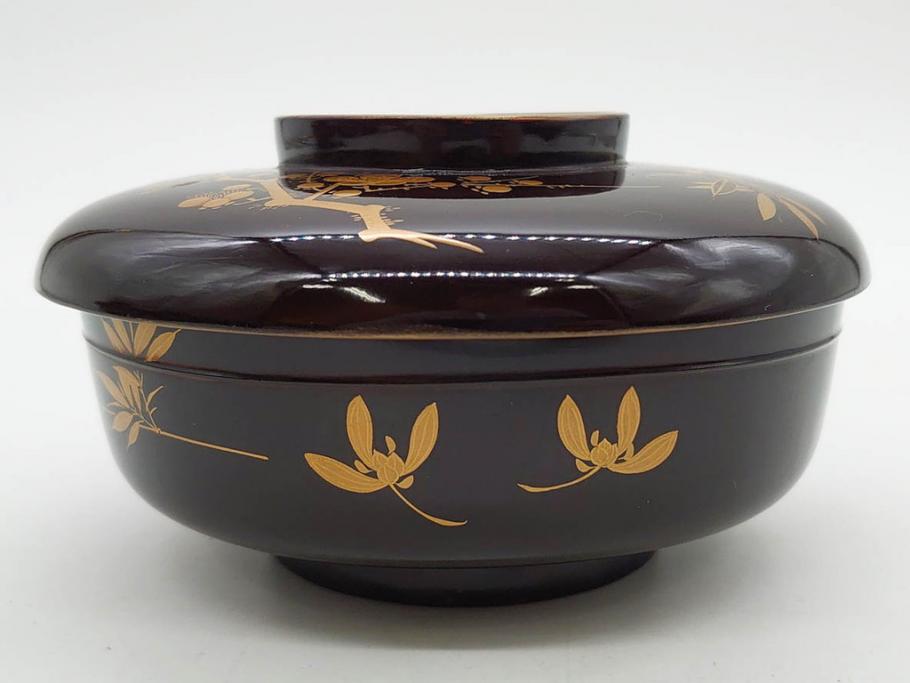 明治～大正期　輪島塗　沈金蒔絵　木製　梅竹図　艶やかな質感が美しい蓋付お椀6客セット(漆器、漆芸、金彩、和食器)(R-077230)