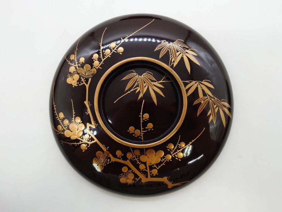 明治～大正期　輪島塗　沈金蒔絵　木製　梅竹図　艶やかな質感が美しい蓋付お椀6客セット(漆器、漆芸、金彩、和食器)(R-077230)
