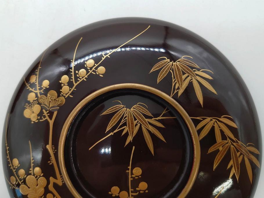 明治～大正期　輪島塗　沈金蒔絵　木製　梅竹図　艶やかな質感が美しい蓋付お椀6客セット(漆器、漆芸、金彩、和食器)(R-077230)