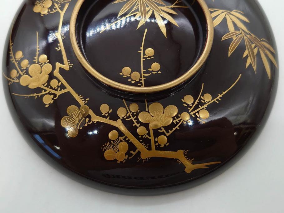 明治～大正期　輪島塗　沈金蒔絵　木製　梅竹図　艶やかな質感が美しい蓋付お椀6客セット(漆器、漆芸、金彩、和食器)(R-077230)