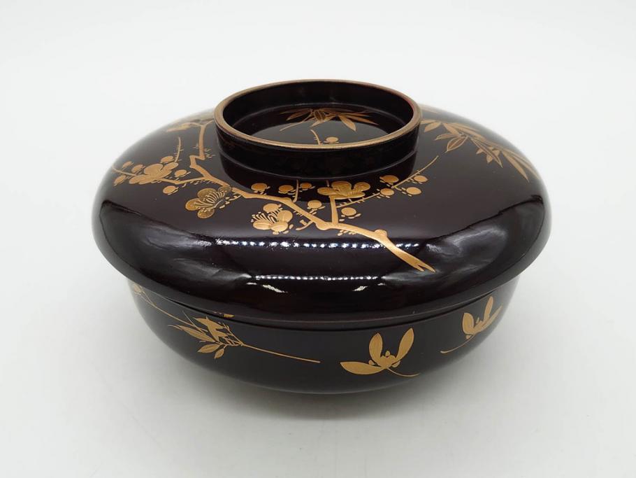 明治～大正期　輪島塗　沈金蒔絵　木製　梅竹図　艶やかな質感が美しい蓋付お椀6客セット(漆器、漆芸、金彩、和食器)(R-077230)