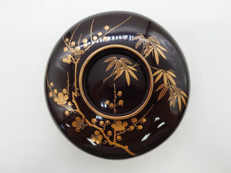 明治～大正期　輪島塗　沈金蒔絵　木製　梅竹図　艶やかな質感が美しい蓋付お椀6客セット(漆器、漆芸、金彩、和食器)(R-077230)