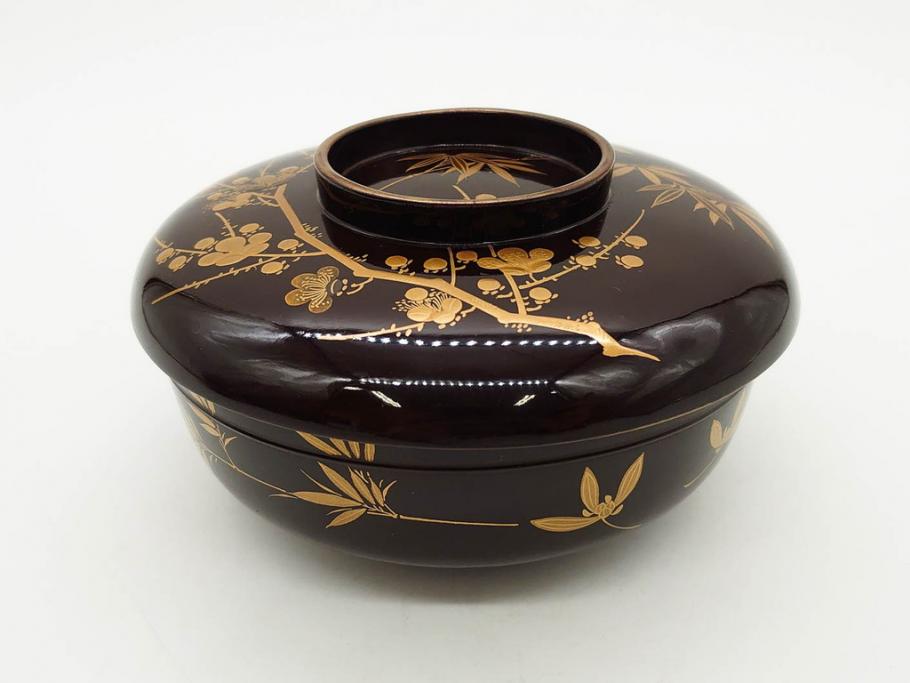 明治～大正期　輪島塗　沈金蒔絵　木製　梅竹図　艶やかな質感が美しい蓋付お椀6客セット(漆器、漆芸、金彩、和食器)(R-077230)