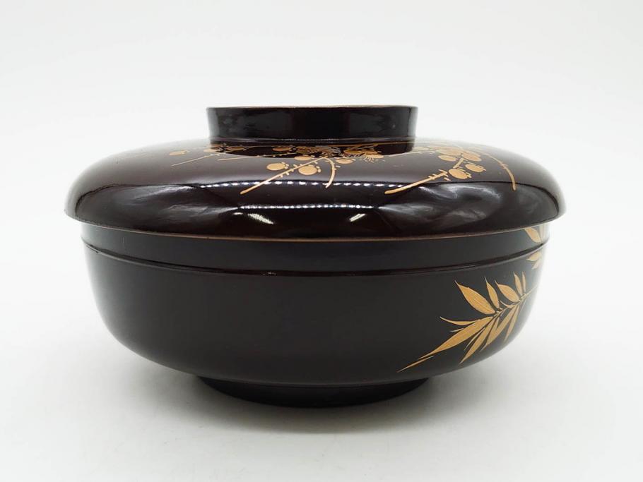 明治～大正期　輪島塗　沈金蒔絵　木製　梅竹図　艶やかな質感が美しい蓋付お椀6客セット(漆器、漆芸、金彩、和食器)(R-077230)