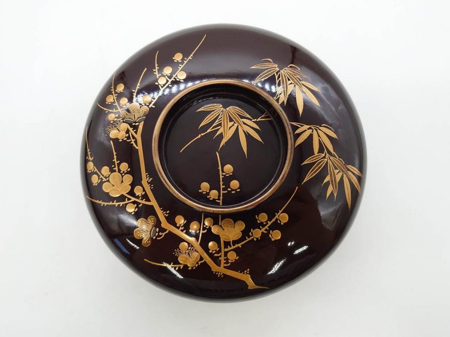 明治～大正期　輪島塗　沈金蒔絵　木製　梅竹図　艶やかな質感が美しい蓋付お椀6客セット(漆器、漆芸、金彩、和食器)(R-077230)