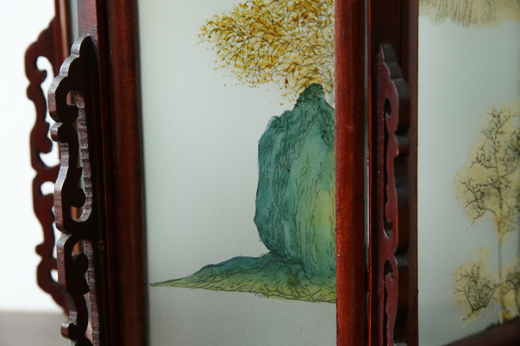 アジアンビンテージ　希少な廃番モデル!!　ガラス絵　オリエンタルな雰囲気と華やかさが目を惹く中国行灯(行燈、吊り下げ照明、天井照明、ペンダントライト、ヴィンテージ)(R-082388)