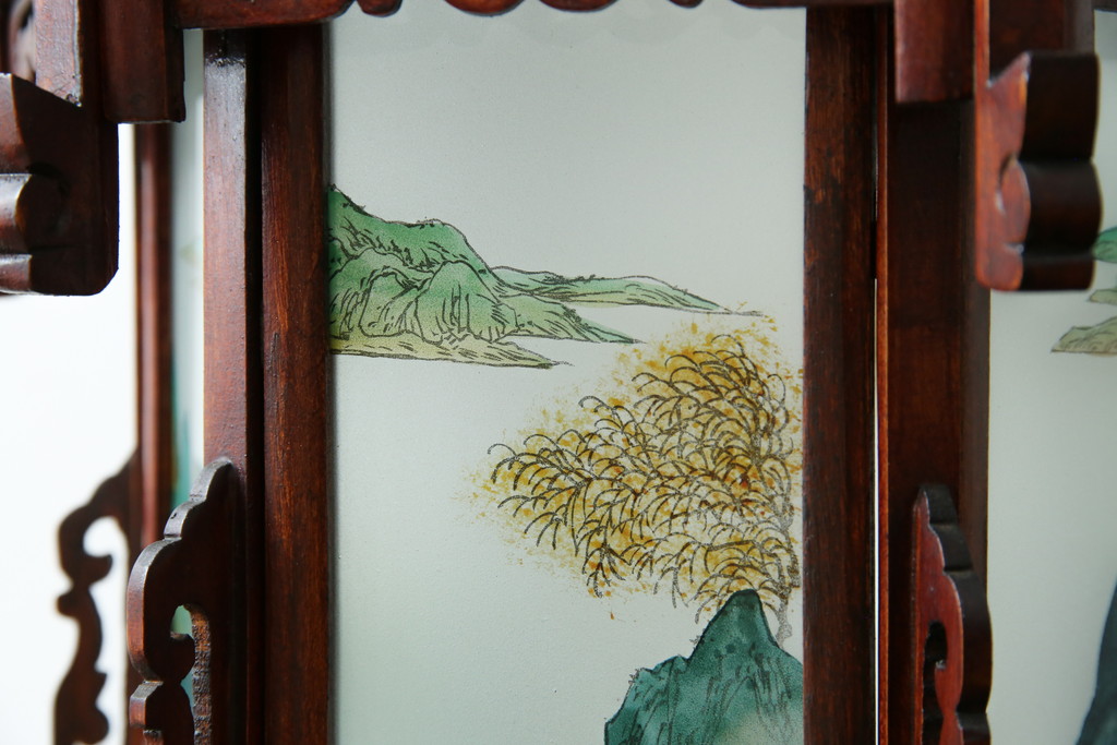 アジアンビンテージ　希少な廃番モデル!!　ガラス絵　オリエンタルな雰囲気と華やかさが目を惹く中国行灯(行燈、吊り下げ照明、天井照明、ペンダントライト、ヴィンテージ)(R-082388)