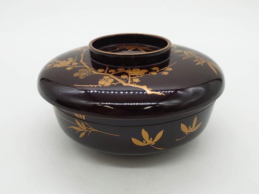明治～大正期　輪島塗　沈金蒔絵　木製　梅竹図　艶やかな質感が美しい蓋付お椀6客セット(漆器、漆芸、金彩、和食器)(R-077230)