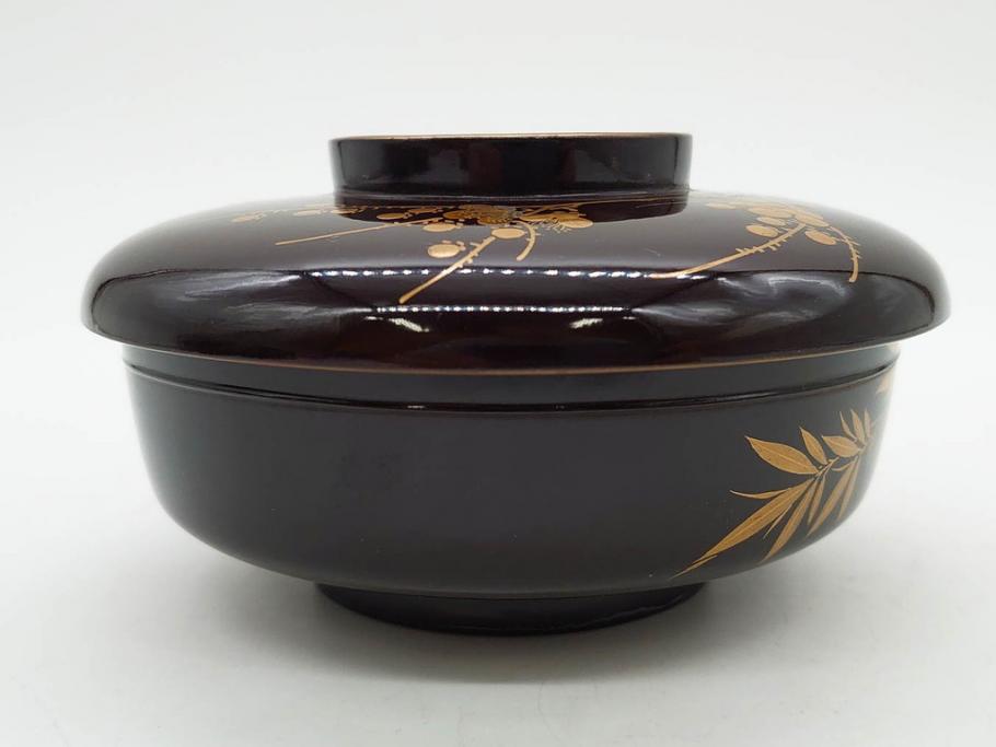 明治～大正期　輪島塗　沈金蒔絵　木製　梅竹図　艶やかな質感が美しい蓋付お椀6客セット(漆器、漆芸、金彩、和食器)(R-077230)