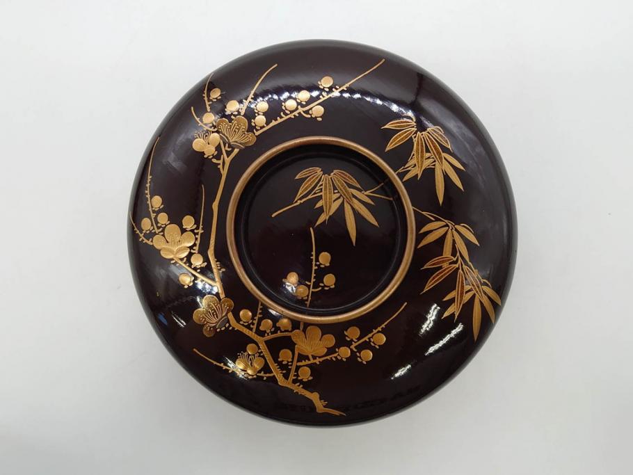明治～大正期　輪島塗　沈金蒔絵　木製　梅竹図　艶やかな質感が美しい蓋付お椀6客セット(漆器、漆芸、金彩、和食器)(R-077230)