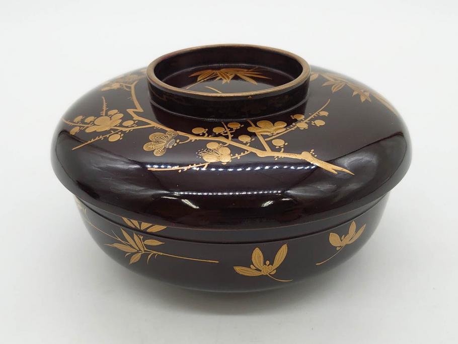 明治～大正期　輪島塗　沈金蒔絵　木製　梅竹図　艶やかな質感が美しい蓋付お椀6客セット(漆器、漆芸、金彩、和食器)(R-077230)
