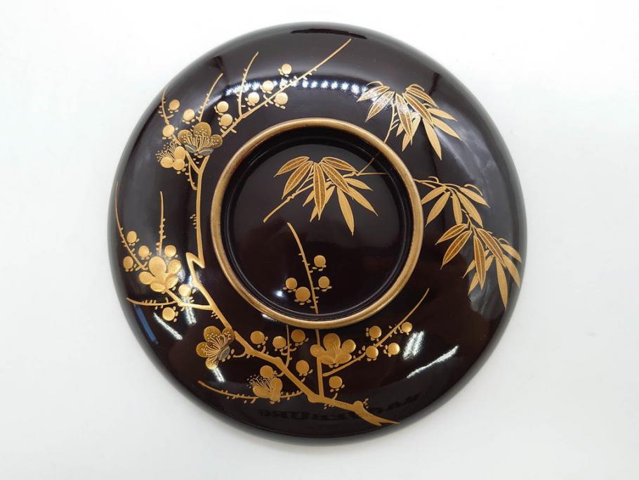 明治～大正期　輪島塗　沈金蒔絵　木製　梅竹図　艶やかな質感が美しい蓋付お椀6客セット(漆器、漆芸、金彩、和食器)(R-077230)