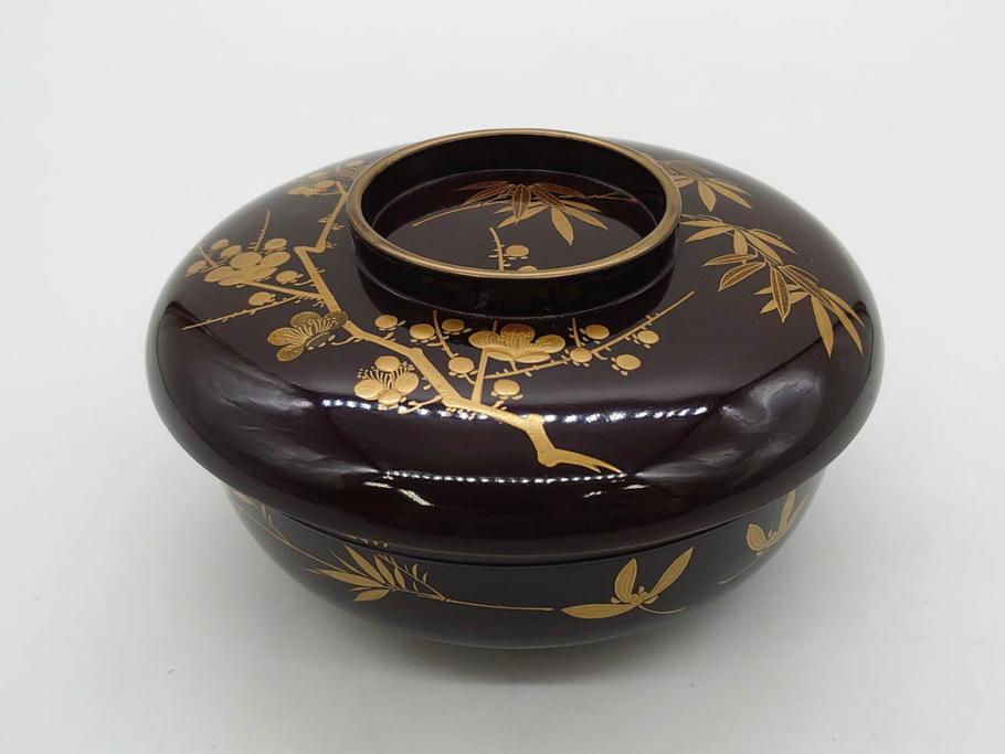明治～大正期　輪島塗　沈金蒔絵　木製　梅竹図　艶やかな質感が美しい蓋付お椀6客セット(漆器、漆芸、金彩、和食器)(R-077230)