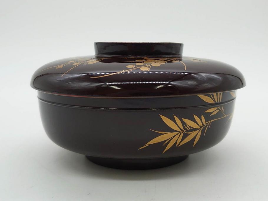 明治～大正期　輪島塗　沈金蒔絵　木製　梅竹図　艶やかな質感が美しい蓋付お椀6客セット(漆器、漆芸、金彩、和食器)(R-077230)